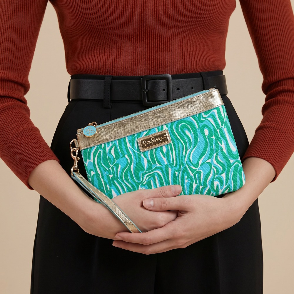 Lilly Pulitzer Zip Top Wristlet Blue Green Wanderlust Swirl Print Beach Resort